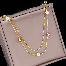 Double-layered Chain Pearl Bead Titanium Steel Collarbone Necklace with Unique Style