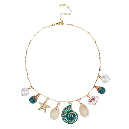 Ожерелья с подвесками из натуральной ракушки каури, эмали и акрилового жемчуга, форма раковины и морская звезда