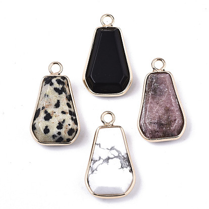 Natural & Synthetic Mixed Gemstone/Glass Pendants, with Light Gold Plated Brass Edge and Loop, Trapezoid, Faceted