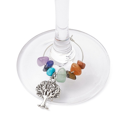 Alloy Tree of Life Wine Glass Charm, with Chakra Gemstone Chips