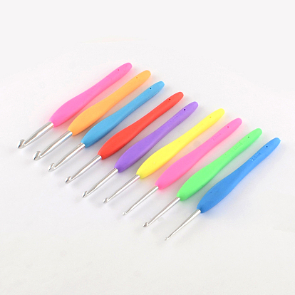 Aluminum Crochet Hooks with Rubber Handle Covered, Pin: 2.0~6.0mm, 137x12~13x8~9mm, 9pcs/box