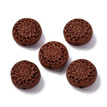 Киноварь бисера, резные лакированные, плоские круглые с цветком