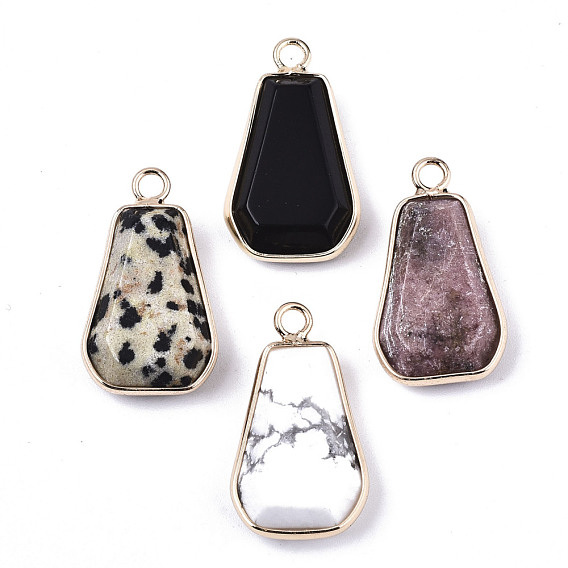 Natural & Synthetic Mixed Gemstone/Glass Pendants, with Light Gold Plated Brass Edge and Loop, Trapezoid, Faceted
