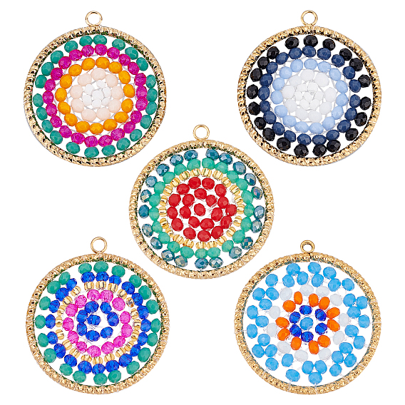 5Pcs 5 Colors 304 Stainless Steel Pendants, with Glass Beads, Flat Round