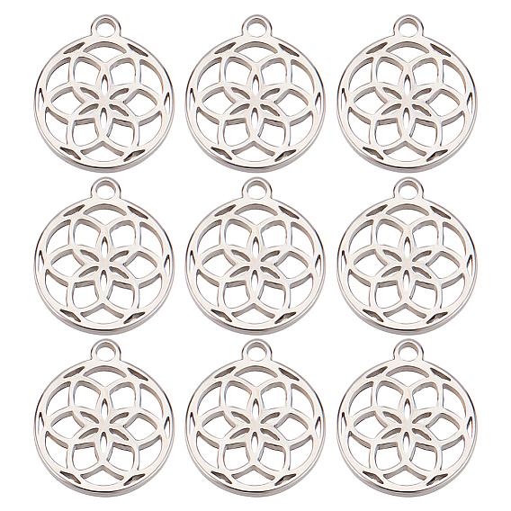 30шт. подвески из нержавеющей стали, полый, плоская круглая с подвеской в виде цветка