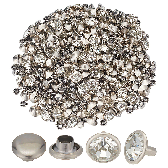 200 наборы латунных заклепок со стразами, шапки и шпильки, для изготовления поделок из кожи, платина, плоско-круглые
