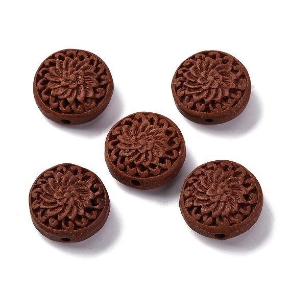 Киноварь бисера, резные лакированные, плоские круглые с цветком