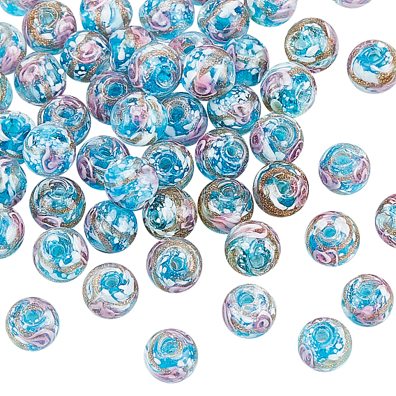 50шт. бусины ручной работы из золотого песка в технике лэмпворк, со цветком внутри , круглые