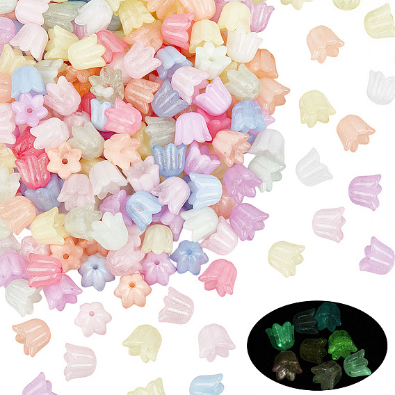 200pcs perles acryliques lumineuses, brillent dans les perles sombres, muguet, avec de la poudre de paillettes