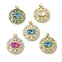 Brass Micro Pave Cubic Zirconia Pendants, with Glass, Real 18K Gold Plated, Flat Round with Eye