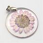 Alloy Resin Pendants, Flat Round, with Dried Flower inside, Platinum, 32~32.5x4~4.5mm, Hole: 4x4mm