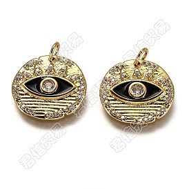 5Pcs Brass Micro Pave Clear Cubic Zirconia Pendants, Long-Lasting Plated, with Jump Rings & Black Enamel, Flat Round with Eye