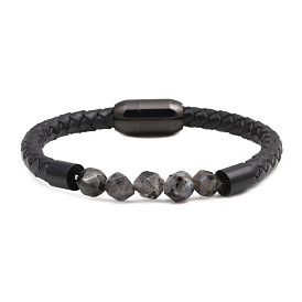 8mm Diamond Cut Beaded Bracelet with Stainless Steel Magnetic Clasp - Genuine Leather, Men's.