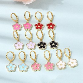 Серьги-кольца из латуни с микропаве и прозрачной кубической циркониевой эмалью., цветок, стойки покрытие, долговечный, без кадмия и без свинца, реальный 18 k позолоченный