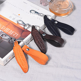 Leather Keychain, with Platinum Plated Alloy Twister Clasps and Iron Key Ring, Feather