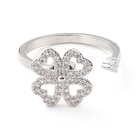 Clover Rotatable Open Ring for Women, Brass Cubic Zirconia Fidget Spinner Rings, Adjustable Relieve Stress Cuff Ring