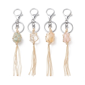Natural Mixed Gemstone Tassel Keychain, Nylon Thread Wrapped Stone Net Pocket Pendant Keychain, with Alloy Findings