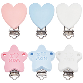 CHGCRAFT 6Pcs 6 Style Silicone Pacifier Clip, with 304 Stainless Steel Clips, Teething Grasping Toy Suspender Clip, for DIY Baby Pacifier Clips Leash, Heart & Star