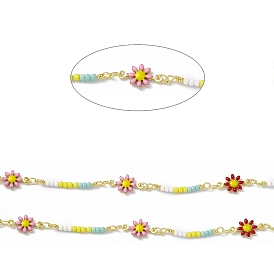 Handmade Brass Flower Link Chains, with Colorful Glass Seed Beaded, Soldered, with Spool