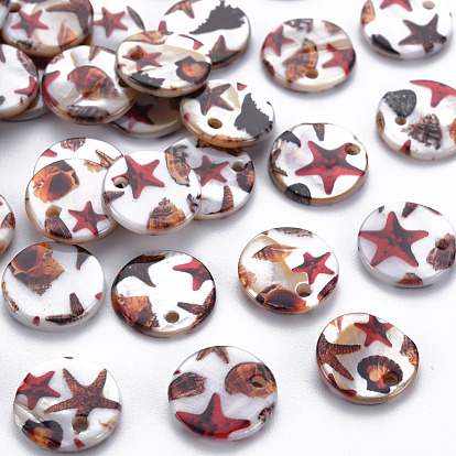 Printed Freshwater Shell Charms, Flat Round with Starfish Pattern