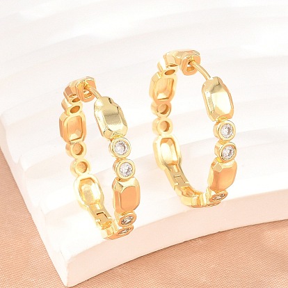 Brass Micro Pave Cubic Zirconia Hoop Earrings, Rectangle, Cadmium Free & Lead Free, Long-Lasting Plated, Rack Plating, Real 18K Gold Plated