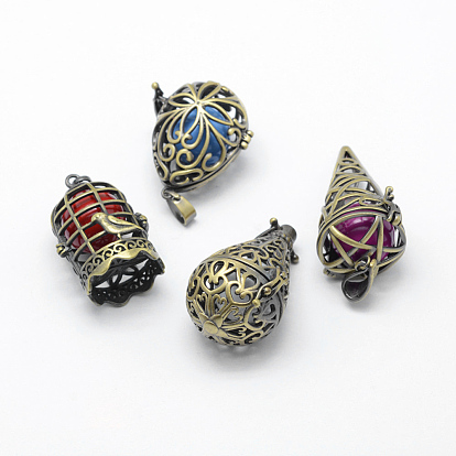 Rack Plating Brass Cage Pendants, Chime Ball Pendants, with Brass Bell Beads, Lead Free & Cadmium Free, Mixed Shpes