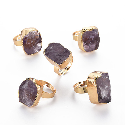 Adjustable Natural Amethyst Finger Rings, Wide Band Rings, with Brass Findings, Oval, Golden