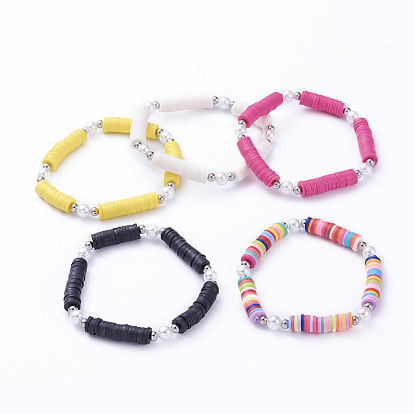 Stretch Bracelets, with Polymer Clay Heishi Beads, Plastic Imitation Pearl Beads and 304 Stainless Steel Beads