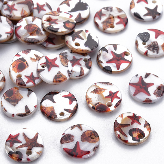 Printed Freshwater Shell Charms, Flat Round with Starfish Pattern