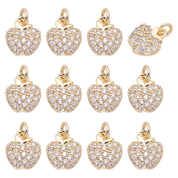 12Pcs Brass Micro Pave Clear Cubic Zirconia Charms, Apple, with Jump Ring