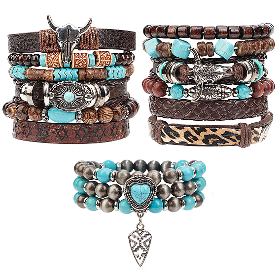 3Pcs 3 Styles Synthetic Turquoise & Wood & CCB Beaded Stretch Bracelets & Charm Bracelets Set for Women Men