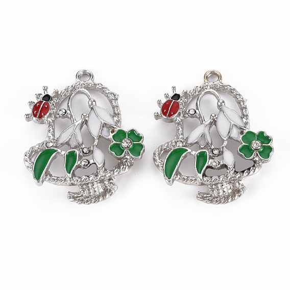 Alloy Pendants, with Enamel and Rhinestone, Platinum, Flower with ladybird