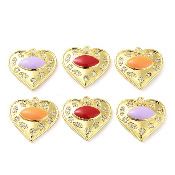 Brass Micro Pave Clear Cubic Zirconia Pendants, with Enamel, Real 18K Gold Plated, Heart with Horse Eye Charms