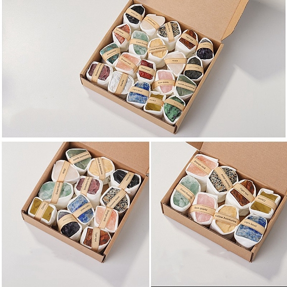 Необработанные необработанные самородки, коллекции смешанных натуральных драгоценных камней, для преподавания наук о Земле, с деревянной коробкой