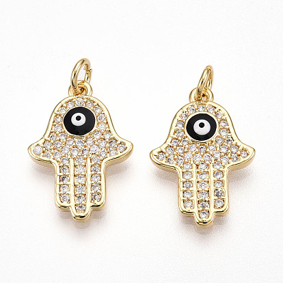 Латунные микро проложить кубического циркония подвески, без кадмия и без свинца, с эмалью, реальный 18 k позолоченный, с целью перехода в кольце, Хамса руку с дурным глазом