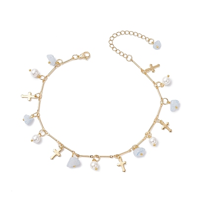 Браслеты на ногу с кисточками из натурального камня и круглого жемчуга, украшения из латуни для женщин, реальный 18 k позолоченный