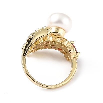 Colorful Cubic Zirconia Wheat with Natural Pearl Open Cuff Ring, Rack Plating Brass Jewelry for Women