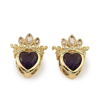 Brass & Cubic Zirconia & Glass Multi-Strand Links, Heart with Crown, Rack Plating, Long-Lasting Plated, Cadmium Free & Lead Free