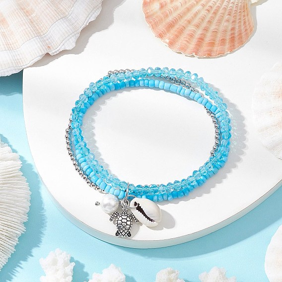 Многорядные браслеты из стеклянных и латунных бусин, браслеты с подвесками из натуральной ракушки каури и сплава бусин для женщин, форма черепахи и панциря