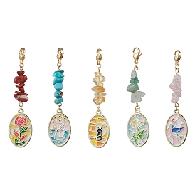 Alloy Enamel Pendant Decorations, with Natural & Synthetic Gemstone, Oval with Animal