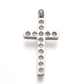 304 Stainless Steel Pendants, with Rhinestone, Cross, Crystal