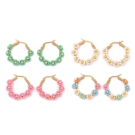 Вакуумное покрытие pvd 304 серьги-кольца из нержавеющей стали в форме цветка, со стеклянным бисером, золотые