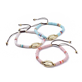 Nylon Thread Braided Beads Bracelets, with Polymer Clay Heishi Beads, Glass Seed Beads and Alloy Pendants, Cowrie Shell