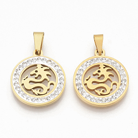201 Stainless Steel Filigree Pendants, Flat Round with Dragon, with Random Size Snap On Bails and Polymer Clay Crystal Rhinestones