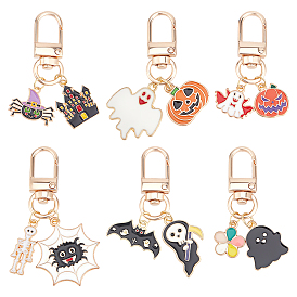 6pcs décorations de pendentif en émail d'alliage d'halloween, avec un alliage pivotant homard fermoirs griffe, formes mixtes