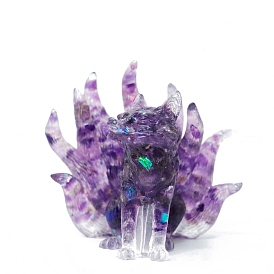 Resin Nine-tailed Fox Display Decoration, with Natural & Synthetic Gemstone Chips inside Statues for Home Office Decorations