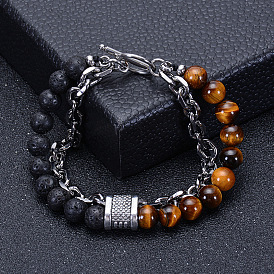 Bracelet de perles en pierre d'oeil de tigre naturel - acier inoxydable, bracelet chaîne en métal et pierre naturelle.