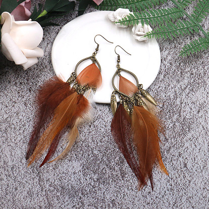 Feather Tassel Earrings for Women, Statement Bohemian Long Drop Dangle Ear Jewelry