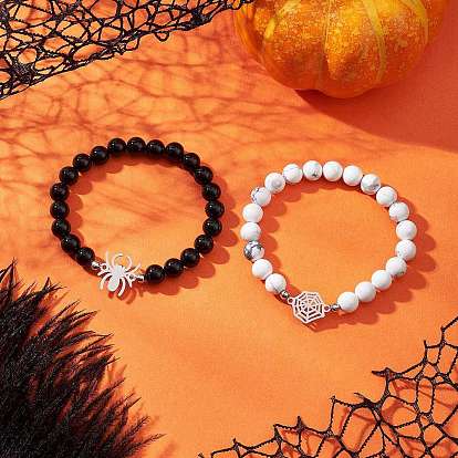 2шт. Хэллоуин 201 браслеты из нержавеющей стали, Браслеты из натурального хаулита и окрашенного и нагретого черного оникса с круглыми бусинами для мужчин и женщин, паук и паутина