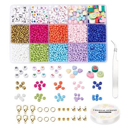 Kit de fabricación de joyería diy, incluyendo granos de acrílico, Perlas de vidrio, consejos de talón de hierro, Hilo de cristal elástico, 410 pinzas de acero inoxidable, ganchos de aleación de zinc, anillos de salto de latón y cuentas de engarce